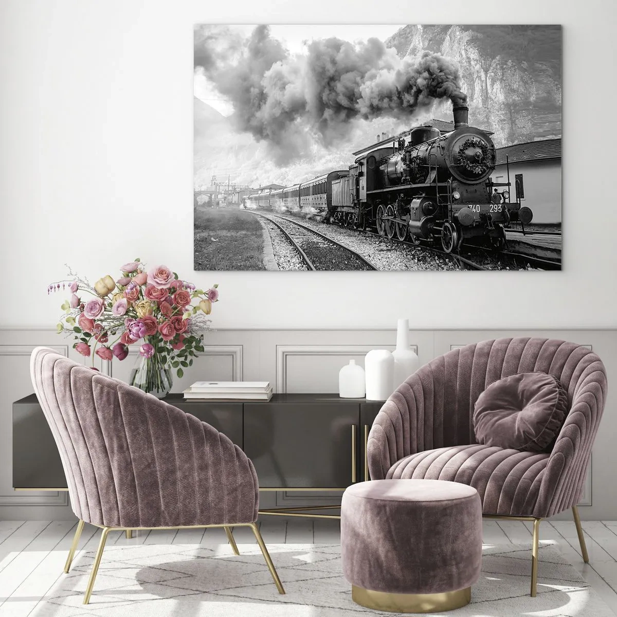 Tablou pe sticlă - Un tren vechi cu aburi într-un peisaj montan - 70x50cm - La gară... - Decorațiune modernă pentru perete pentru living și dormitor ARTTOR