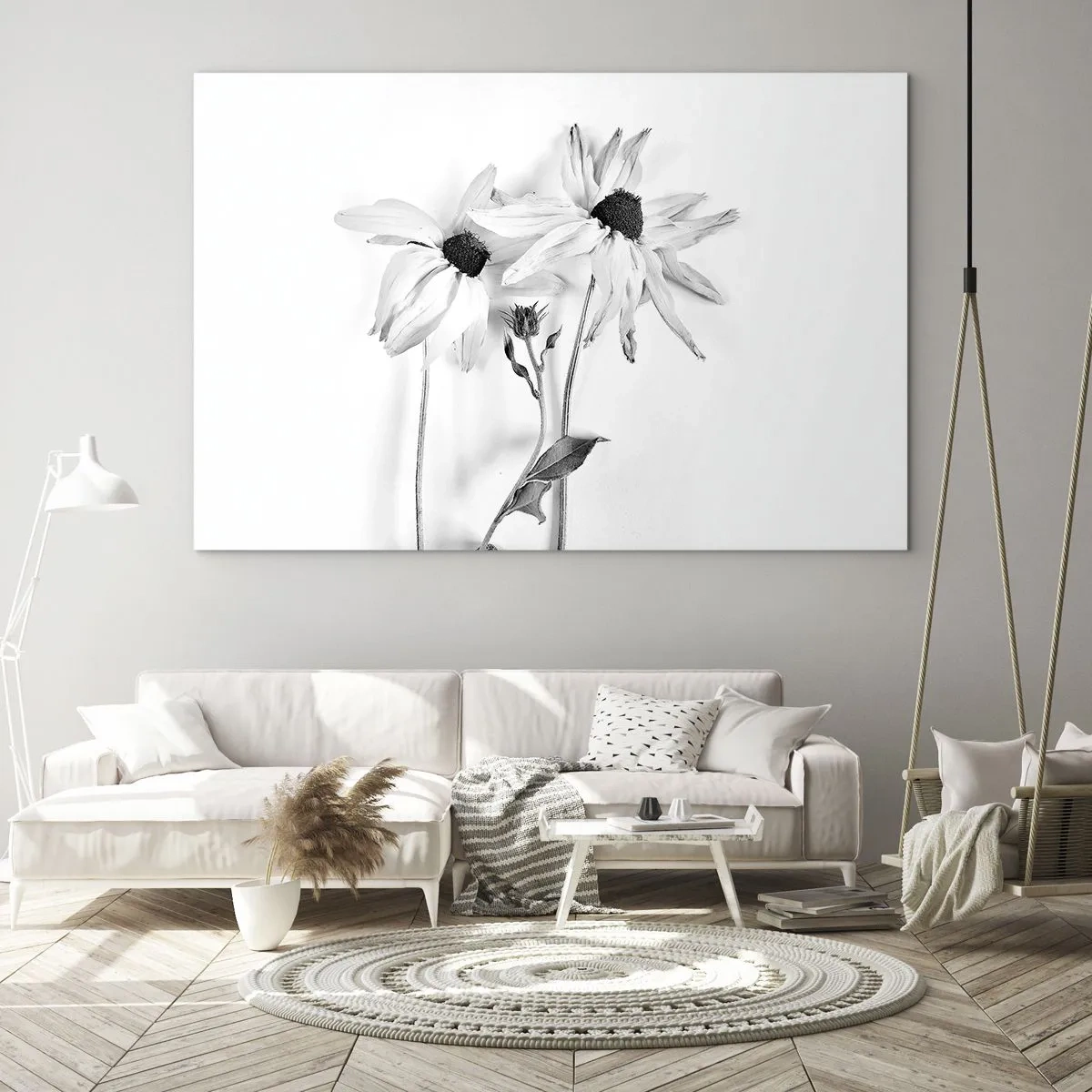 Tablou pe sticlă - Flori alb-negre într-un stil minimalist - 70x50cm - Nimeni nu vrea să fie singur - Decorațiune modernă pentru perete pentru living și dormitor ARTTOR