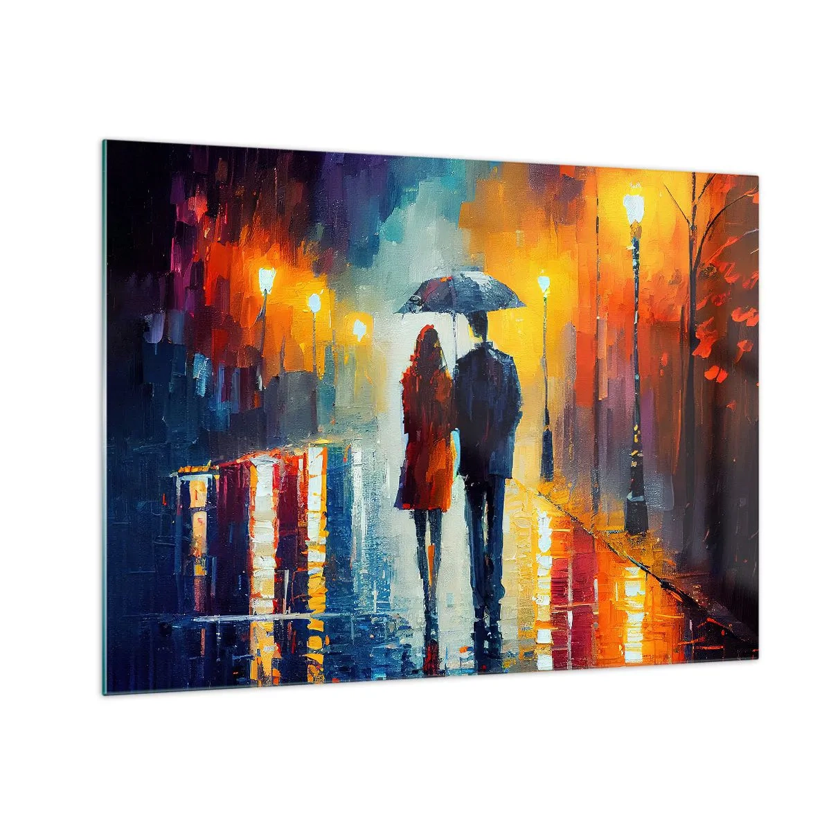 Tablou pe sticlă - Un cuplu sub o umbrelă pe o stradă colorată de noapte, în ploaie. - 70x50cm - Împreună - o noapte plină de culoare - Decorațiune modernă pentru perete pentru living și dormitor ARTTOR