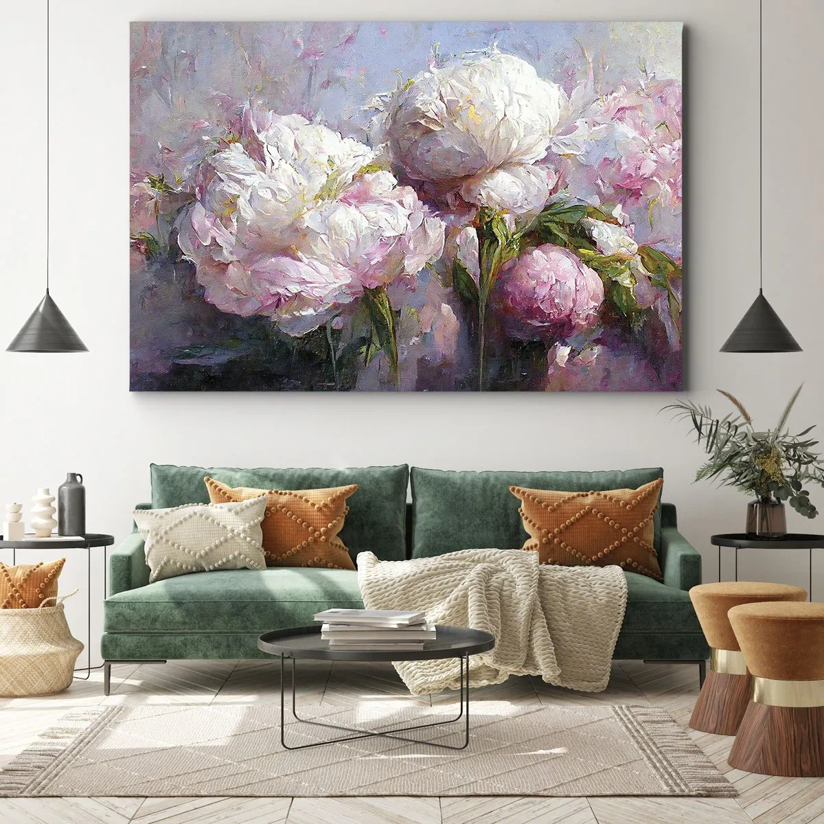 Tablou pe pânză Canvas - Flori de bujor romantice în culori pastelate - 70x50cm - Un buchet plin de viață - Decorațiune modernă pentru perete pentru living și dormitor ARTTOR