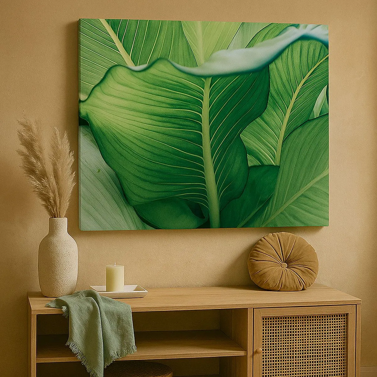 Tablou pe pânză Canvas - Frunze verzi cu detalii și structură expresive - 70x50cm - Viață intensă în verde - Decorațiune modernă pentru perete pentru living și dormitor ARTTOR