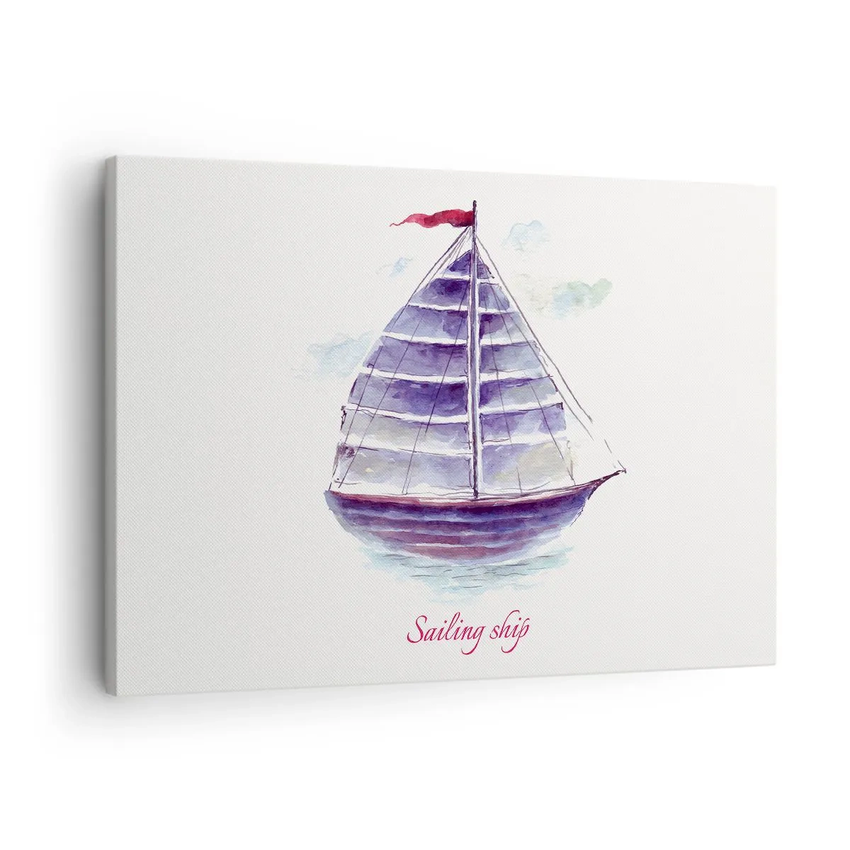 Tablou pe pânză Canvas - O pictură în acuarelă a unei barci cu pânze pe apă cu o inscripție delicată - 70x50cm - Pânze pline și apă calmă - Decorațiune modernă pentru perete pentru living și dormitor ARTTOR