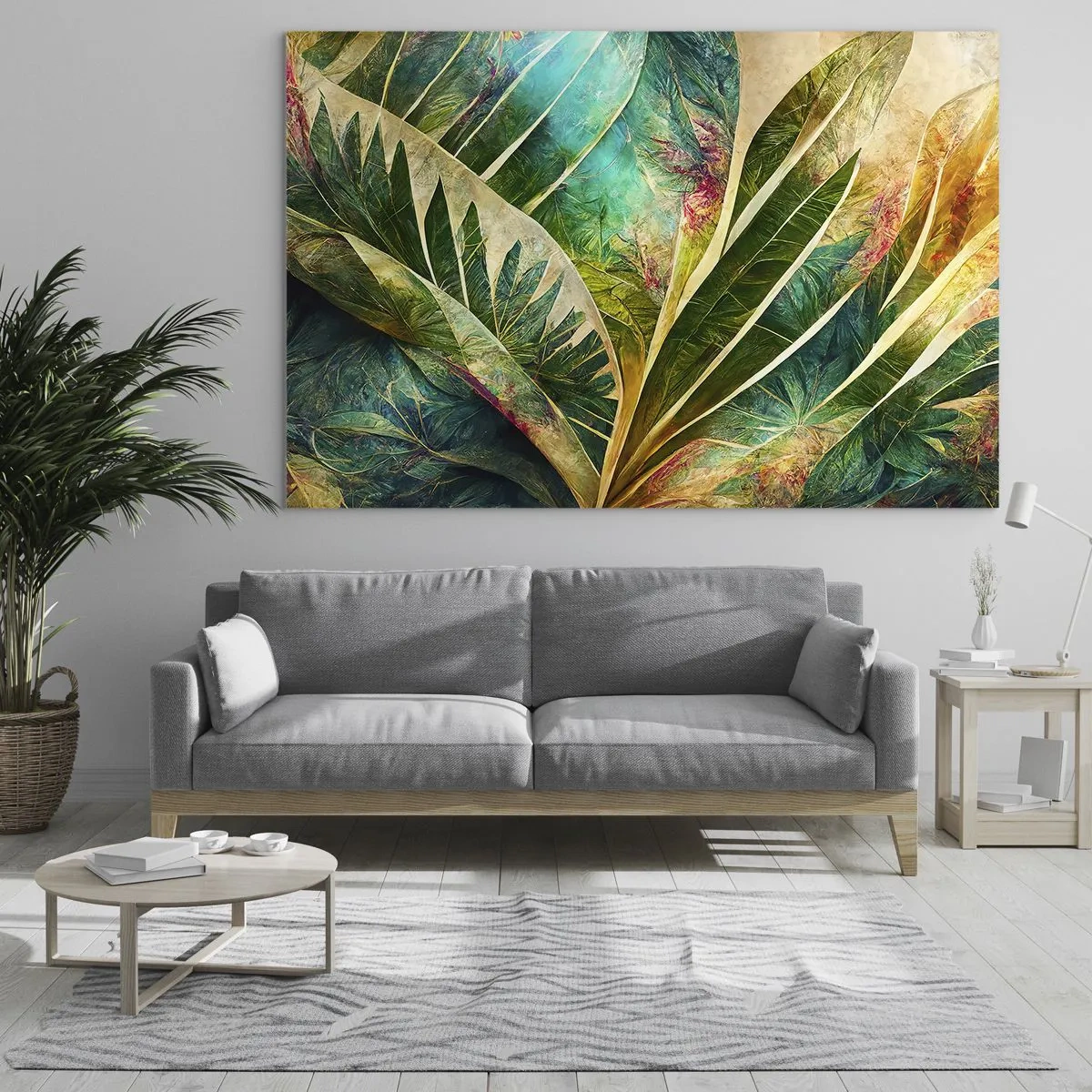 Tablou pe sticlă - Frunze colorate cu o notă tropicală - 70x50cm - Culorile tropicelor - Decorațiune modernă pentru perete pentru living și dormitor ARTTOR