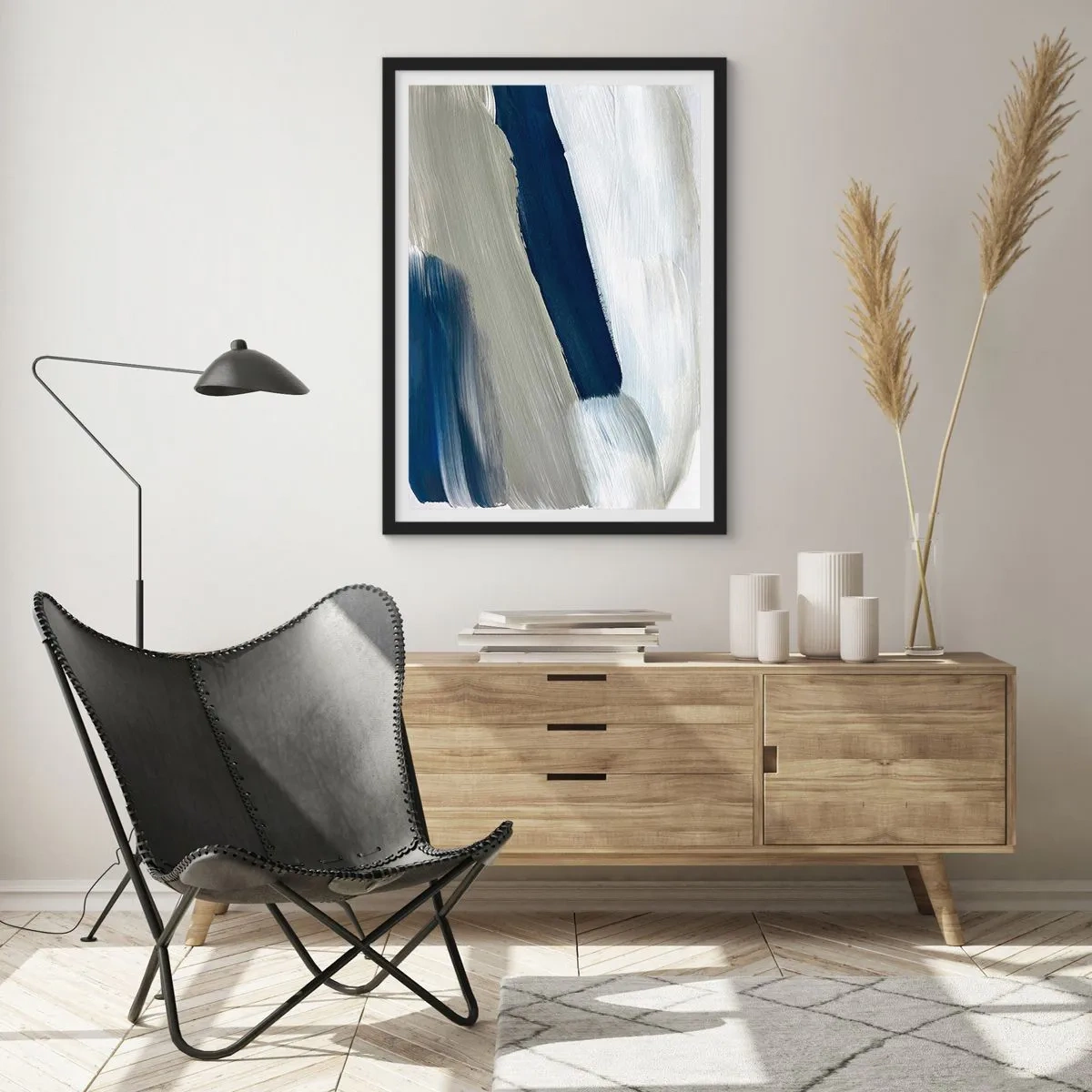Poster în ramă neagră - Pensule abstracte în nuanțe de albastru marin - 50x70cm - Întâlnire cu albul - Decorațiune modernă pentru perete pentru living și dormitor ARTTOR