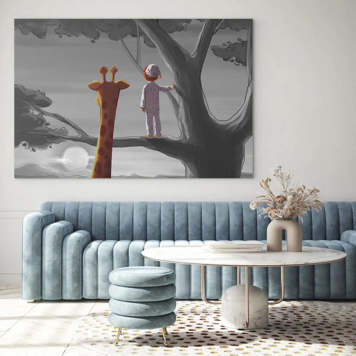 Tablou pe sticlă - Un copil în pijamale și o girafă privesc apusul dintr-un copac. - 70x50cm - Acest lucru se întâmplă cu adevărat - Decorațiune modernă pentru perete pentru living și dormitor ARTTOR