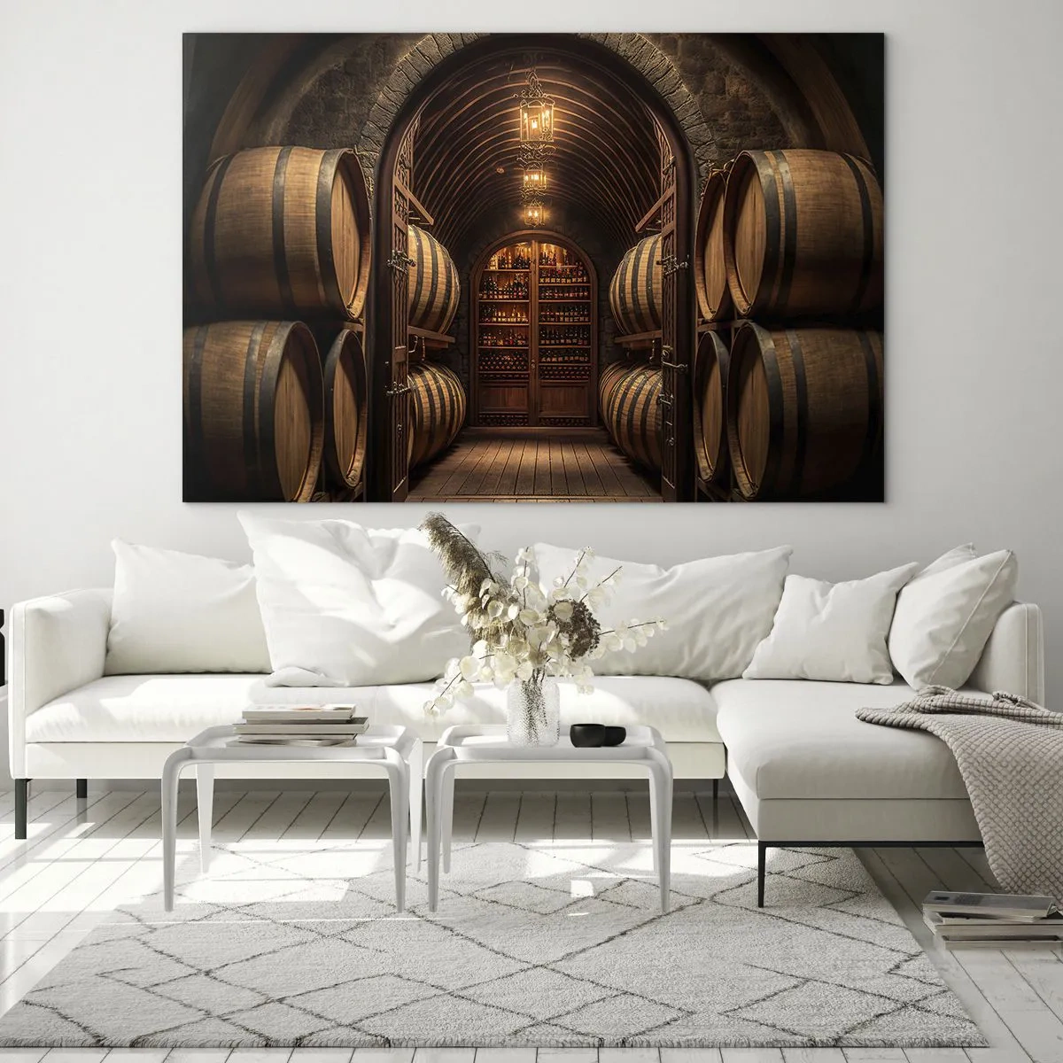 Tablou pe sticlă - O vie cu butoaie și o pivniță luminată plină de sticle - 70x50cm - Beciul cu atmosferă - Decorațiune modernă pentru perete pentru living și dormitor ARTTOR
