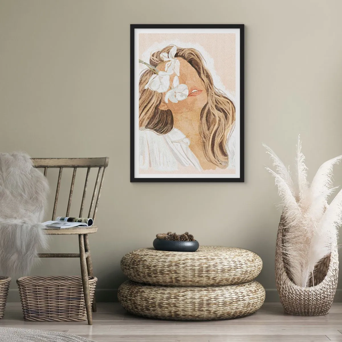 Poster în ramă neagră - Portretul unei femei cu flori care îi acoperă fața - 50x70cm - Printre flori în exaltare - Decorațiune modernă pentru perete pentru living și dormitor ARTTOR