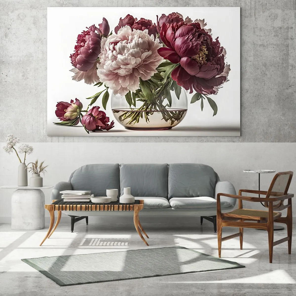 Tablou pe sticlă - Un buchet de bujori într-o vază de sticlă pe un fundal deschis - 70x50cm - În plină înflorire - Decorațiune modernă pentru perete pentru living și dormitor ARTTOR