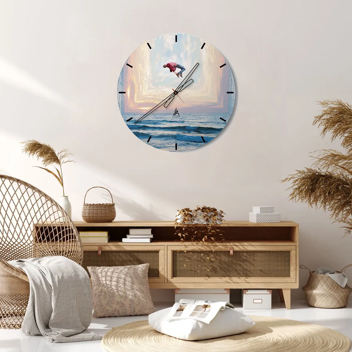 Ceas de perete - Ceas pe sticlă - O figură săritoare pe malul mării într-un peisaj suprarealist - 30x30cm - Spre o altă dimensiune - Decorațiune modernă pentru perete pentru living, bucătărie și dormitor ARTTOR