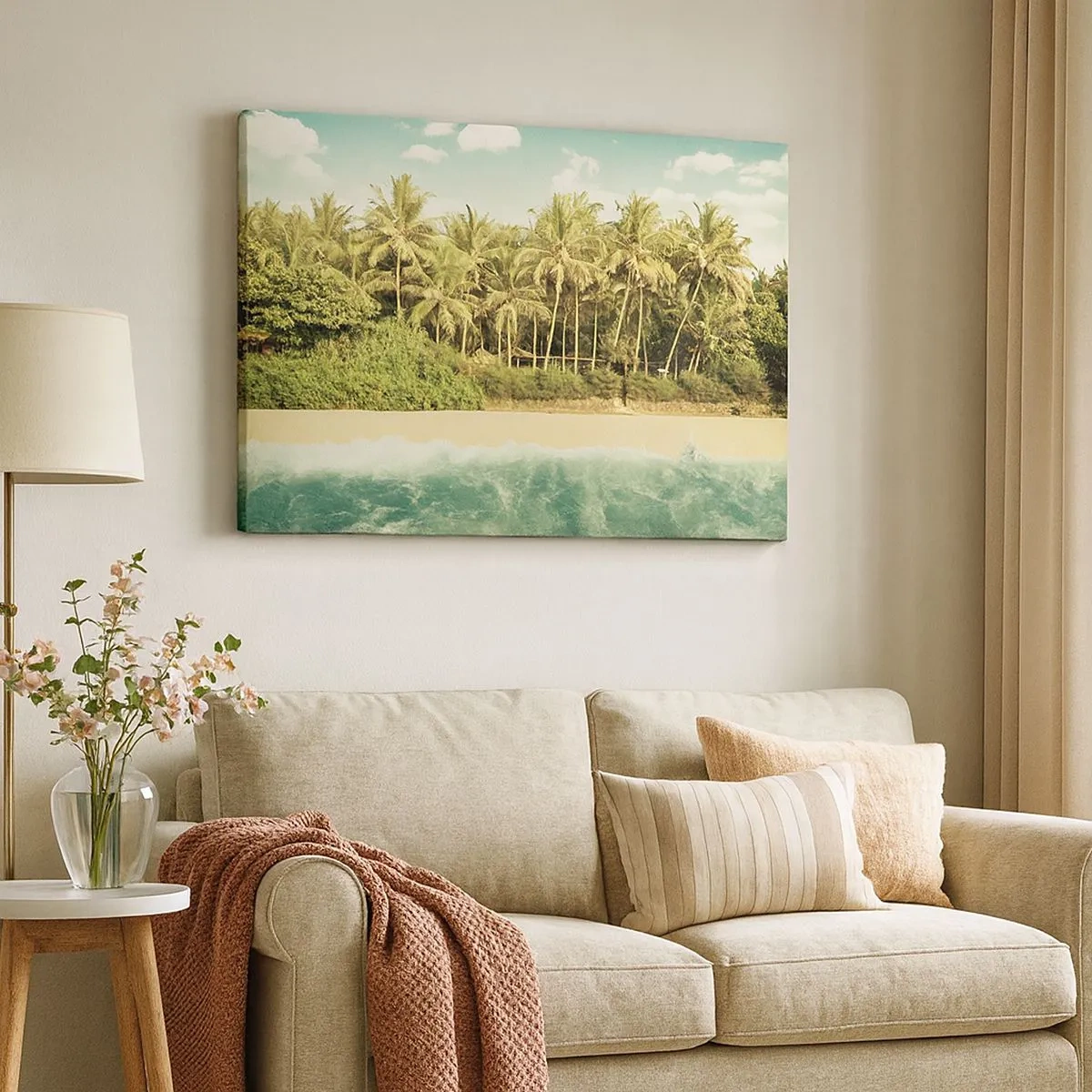 Tablou pe pânză Canvas - Plajă tropicală cu palmieri și mare turcoaz - 70x50cm - Ce zici de aici? - Decorațiune modernă pentru perete pentru living și dormitor ARTTOR