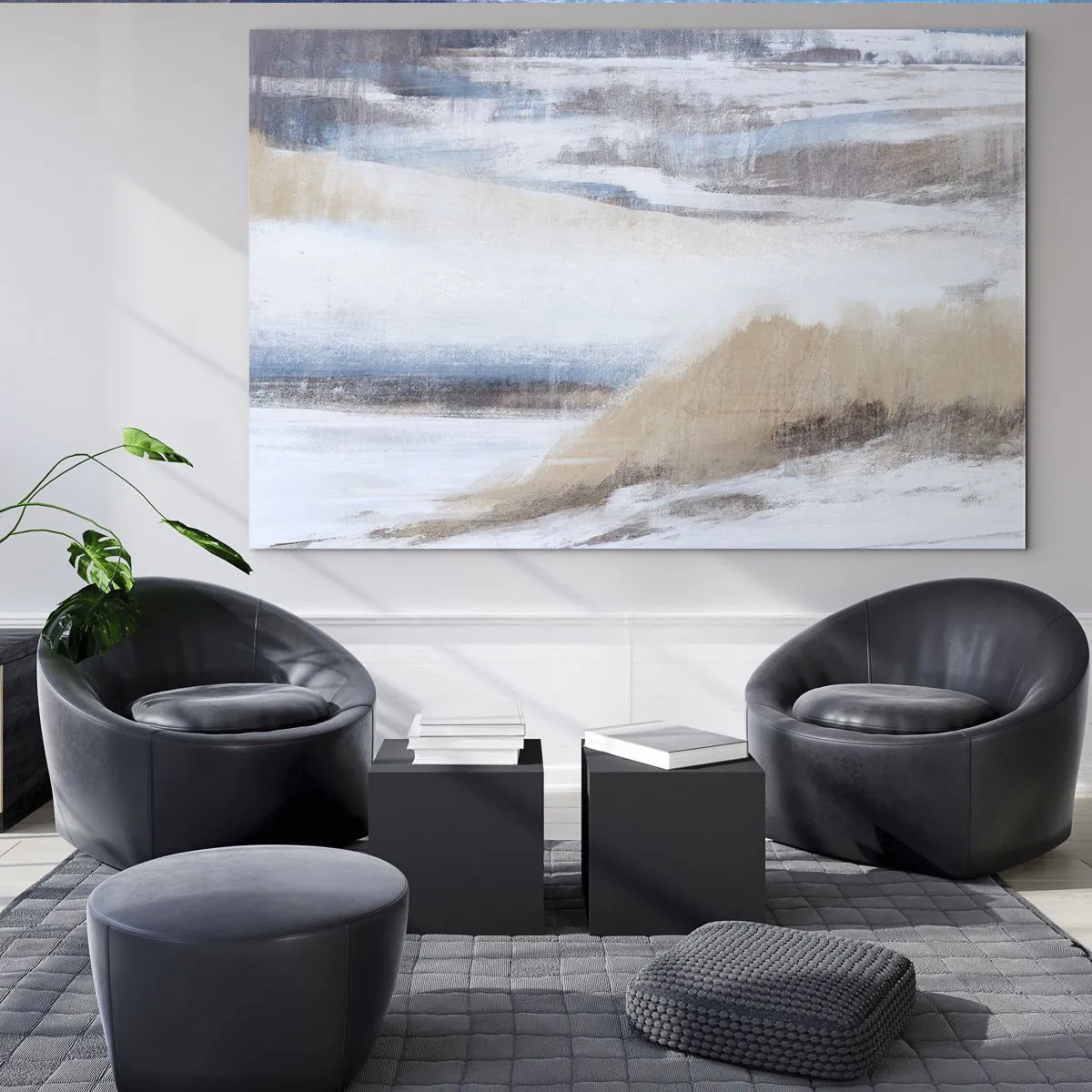 Tablou pe sticlă - O abstracție delicată în tonuri reci de bej și albastru. - 70x50cm - Compoziție de iarnă - Decorațiune modernă pentru perete pentru living și dormitor ARTTOR