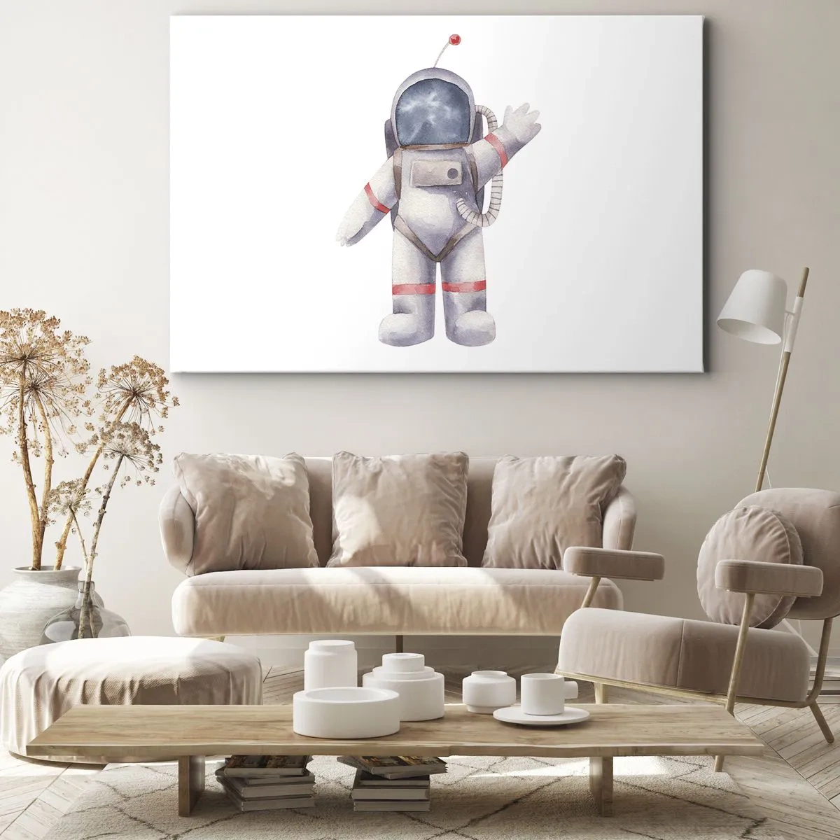 Tablou pe pânză Canvas - Astronaut în stil acuarelă pe fundal alb - 70x50cm - Pe curând! - Decorațiune modernă pentru perete pentru living și dormitor ARTTOR