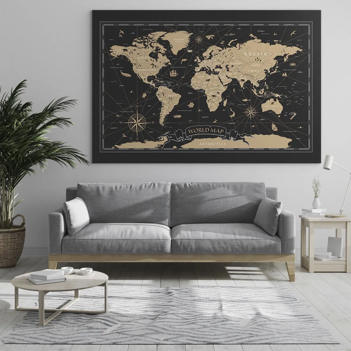 Tablou pe sticlă - Hartă a lumii stilizată în nuanțe de bej și negru - 70x50cm - Limitele lumii mele - Decorațiune modernă pentru perete pentru living și dormitor ARTTOR