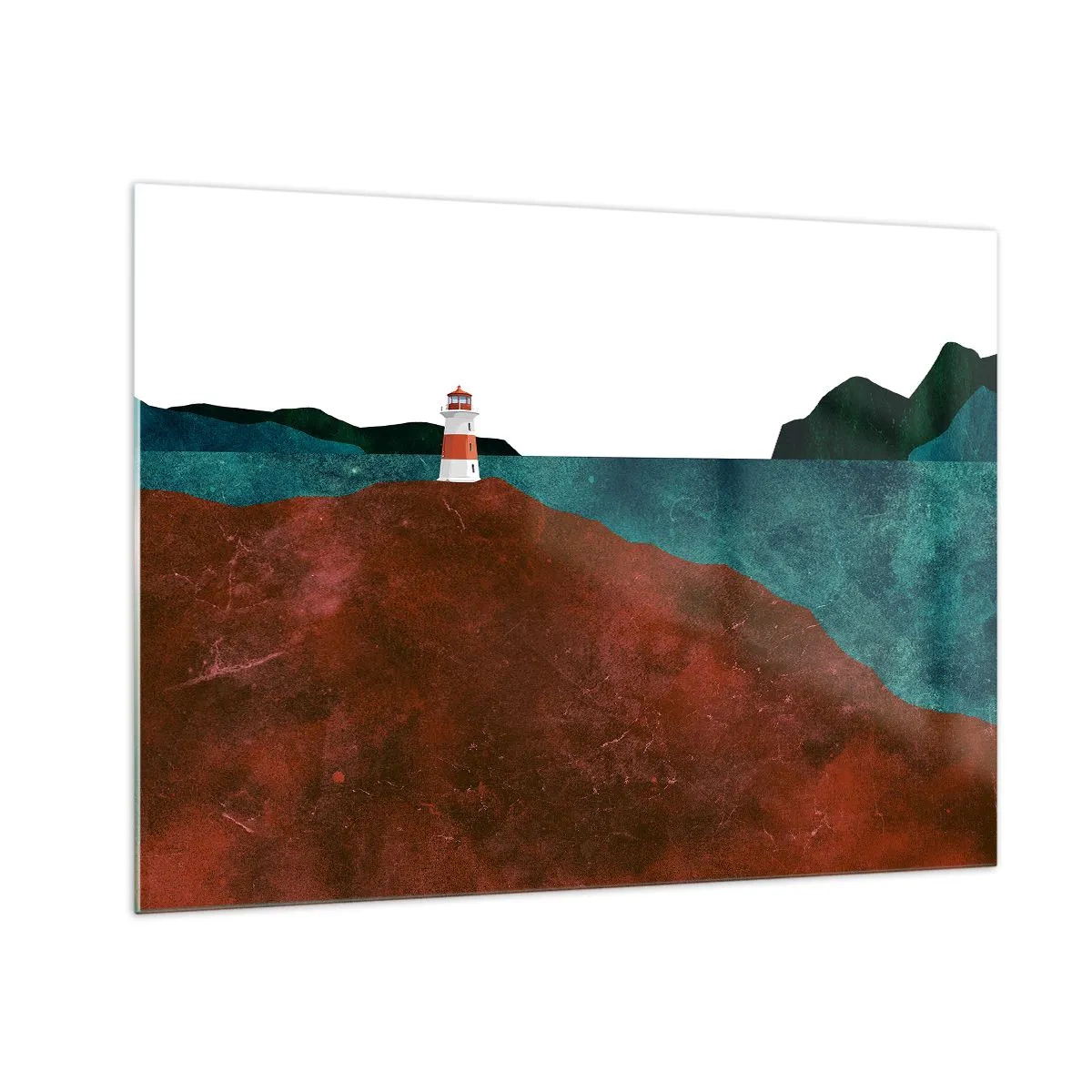 Tablou pe sticlă - Un far pe fundalul unei mări turcoaz și al unor stânci roșii - 70x50cm - Privind marea - Decorațiune modernă pentru perete pentru living și dormitor ARTTOR
