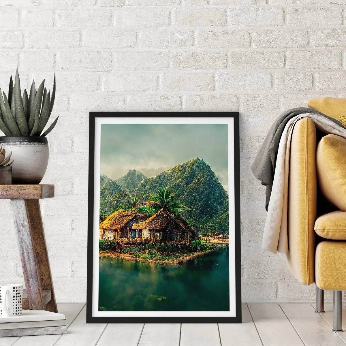 Poster în ramă neagră - Căsuță tropicală cu munți și un lac în fundal - 50x70cm - Paradisul tropical - Decorațiune modernă pentru perete pentru living și dormitor ARTTOR