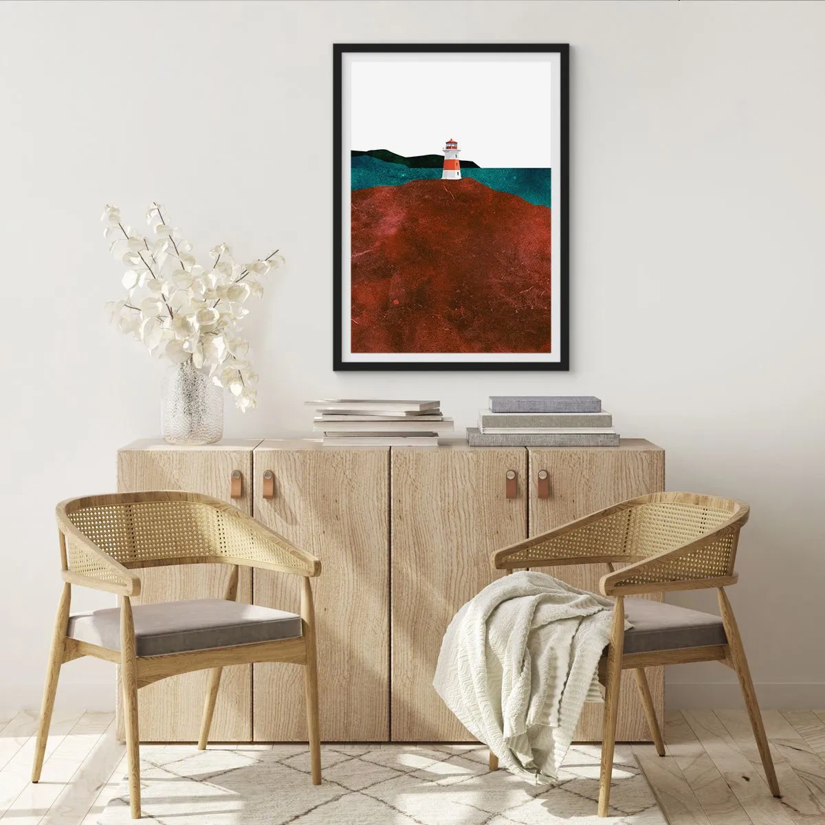 Poster în ramă neagră - Un peisaj minimalist cu un far pe un deal - 50x70cm - Privind marea - Decorațiune modernă pentru perete pentru living și dormitor ARTTOR