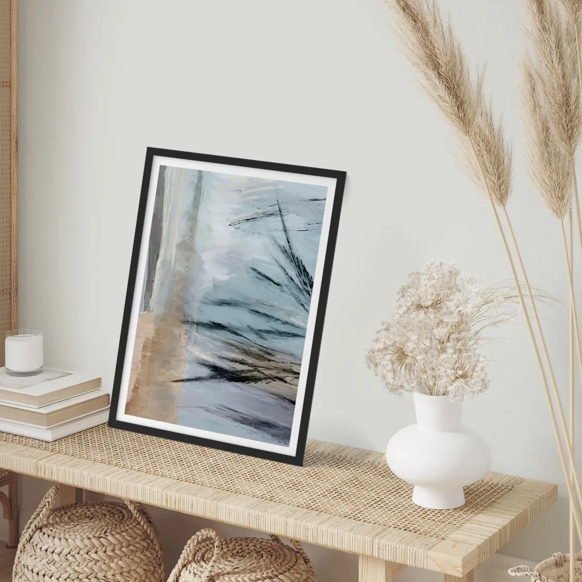 Poster în ramă neagră - O abstracțiune delicată inspirată de natură, în culori discrete. - 50x70cm - Câmpuri de iarnă - Decorațiune modernă pentru perete pentru living și dormitor ARTTOR