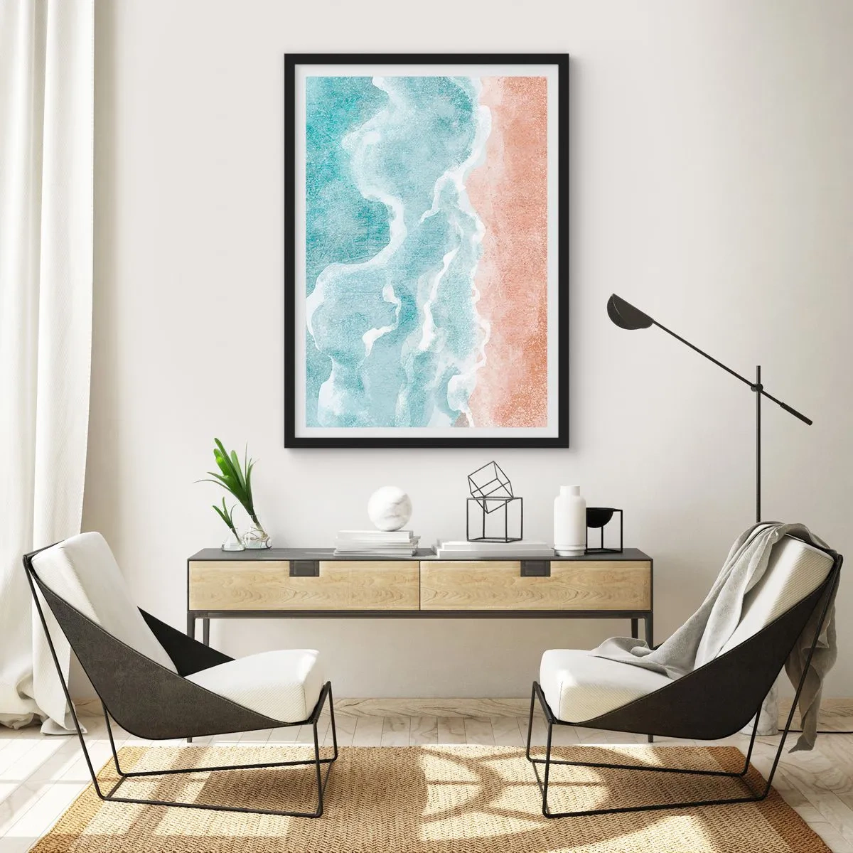 Poster în ramă neagră - Valurile oceanului întâlnesc plaja nisipoasă - 50x70cm - Abstracția norilor - Decorațiune modernă pentru perete pentru living și dormitor ARTTOR