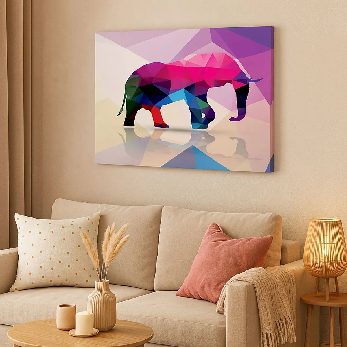 Tablou pe pânză Canvas - Siluetă geometrică a unui elefant în culori vii - 70x50cm - Dinozaur de cristal - Decorațiune modernă pentru perete pentru living și dormitor ARTTOR