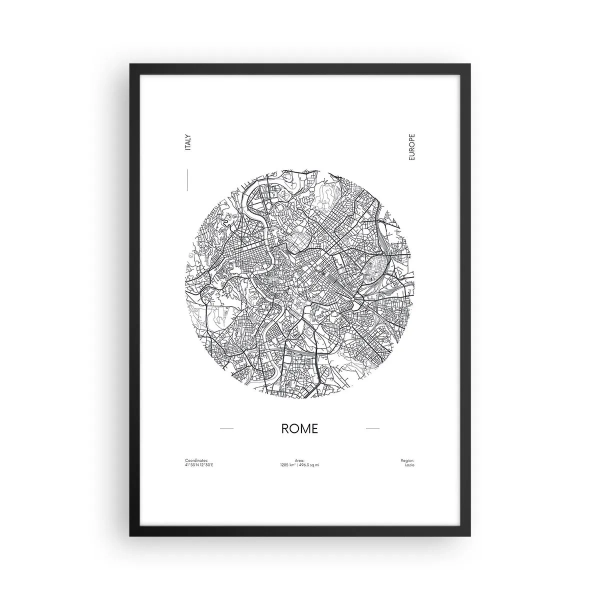 Poster în ramă neagră - O hartă minimalistă a Romei, în alb și negru. - 50x70cm - Anatomia Romei - Decorațiune modernă pentru perete pentru living și dormitor ARTTOR