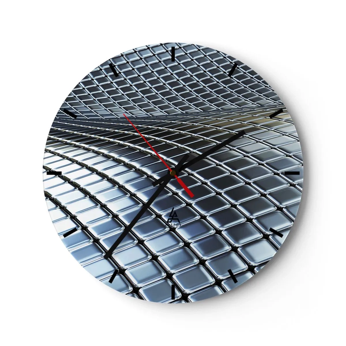Ceas de perete - Ceas pe sticlă - Suprafață futuristă realizată din panouri metalice într-o nuanță argintie - 30x30cm - Val metalic argintiu - Decorațiune modernă pentru perete pentru living, bucătărie și dormitor ARTTOR