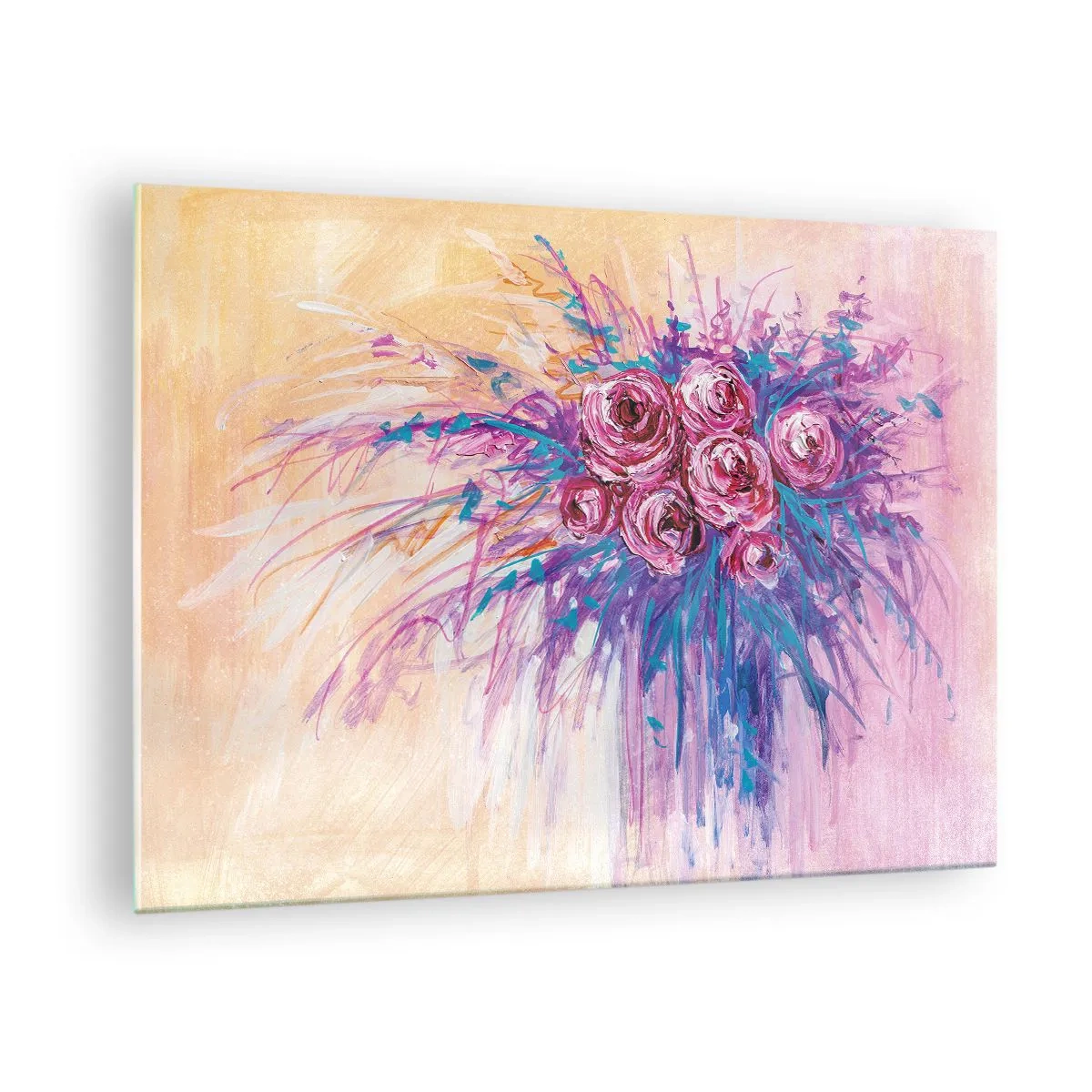 Tablou pe sticlă - Un buchet de trandafiri în nuanțe de roz și violet pe un fundal pastelat - 70x50cm - Fântână de trandafiri - Decorațiune modernă pentru perete pentru living și dormitor ARTTOR
