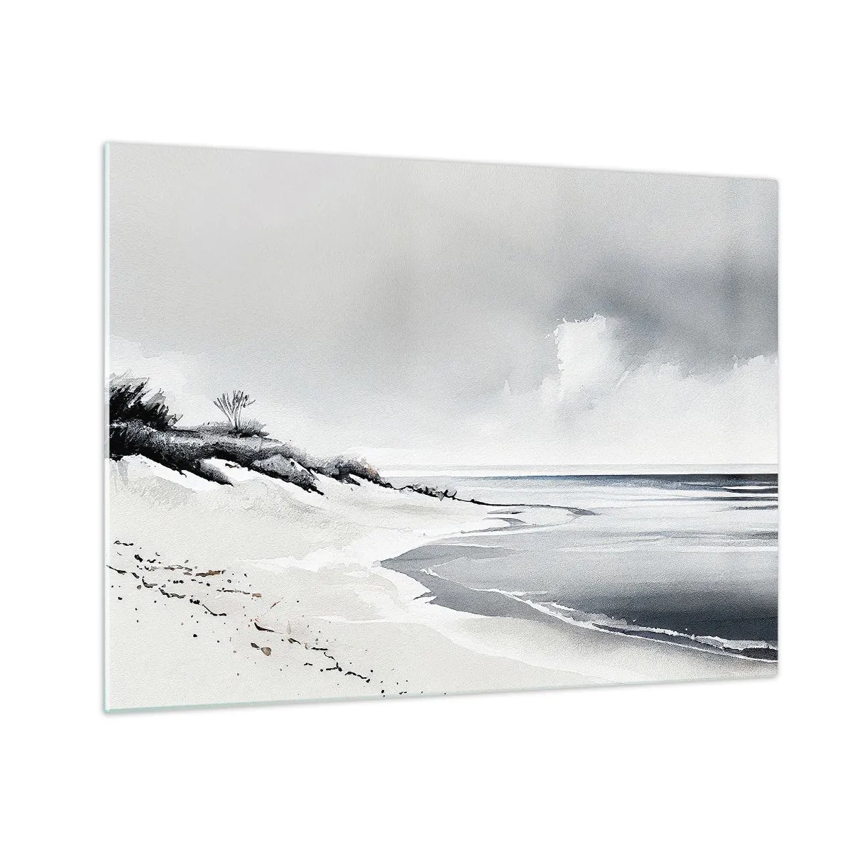 Tablou pe sticlă - Plajă alb-negru cu orizont și mare calmă - 70x50cm - Întotdeauna împreună - Decorațiune modernă pentru perete pentru living și dormitor ARTTOR