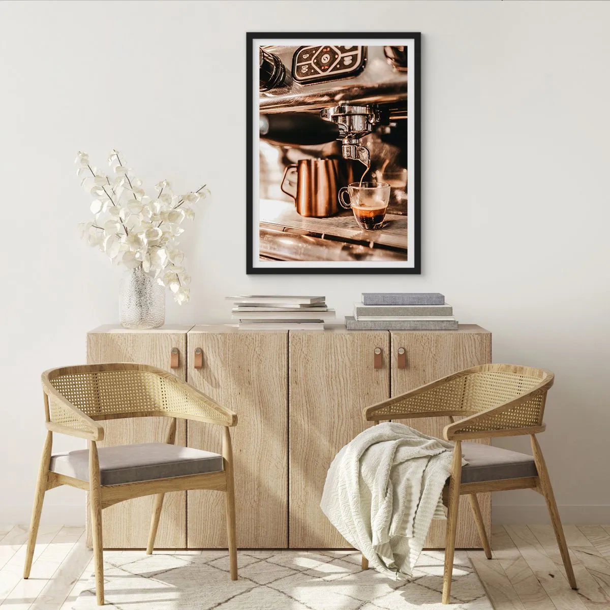Poster în ramă neagră - Espresso aromat de la espressor - 50x70cm - Strălucirea cafelei - Decorațiune modernă pentru perete pentru living și dormitor ARTTOR