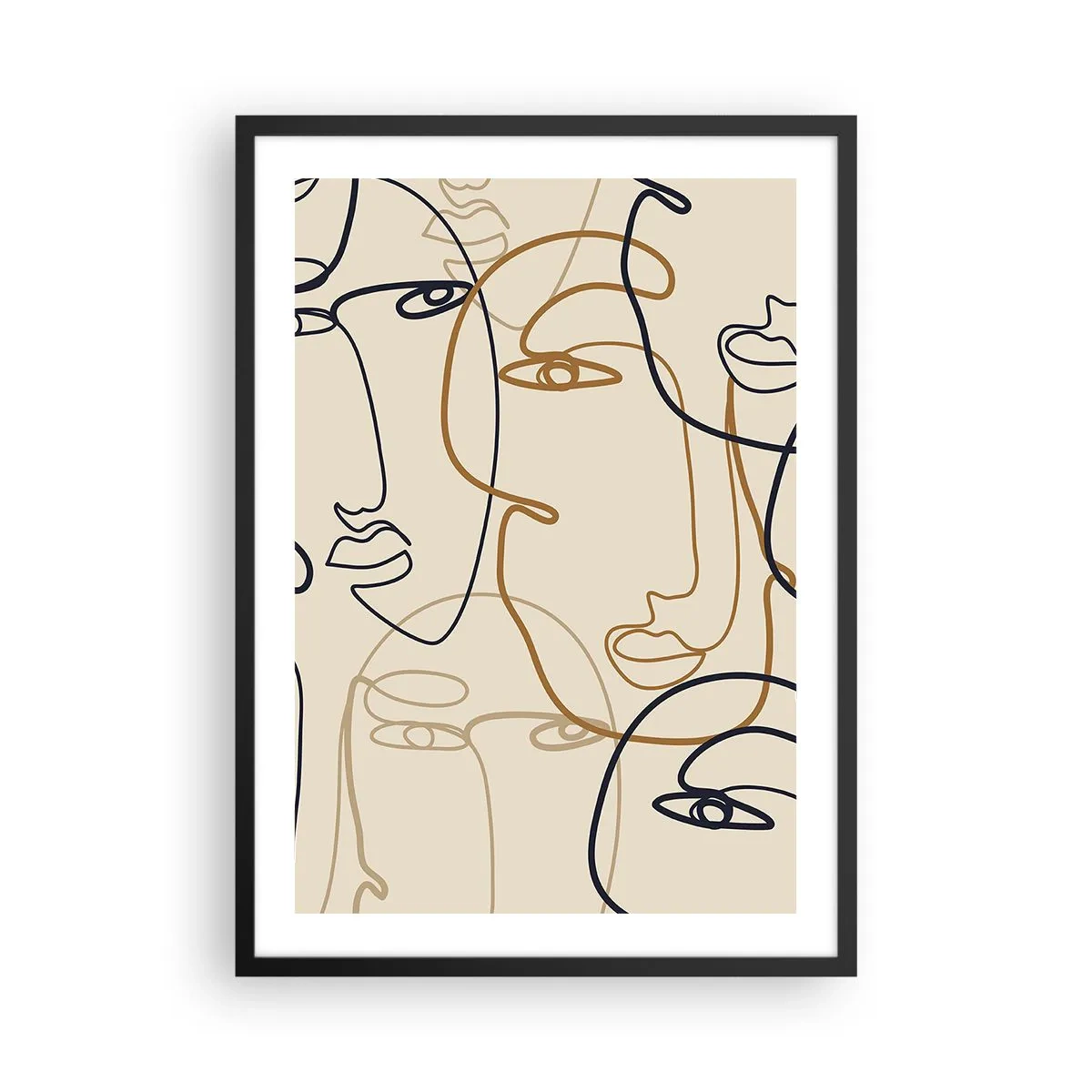 Poster în ramă neagră - Desene minimaliste de fețe pe fundal bej - 50x70cm - Portret multiplicat - Decorațiune modernă pentru perete pentru living și dormitor ARTTOR