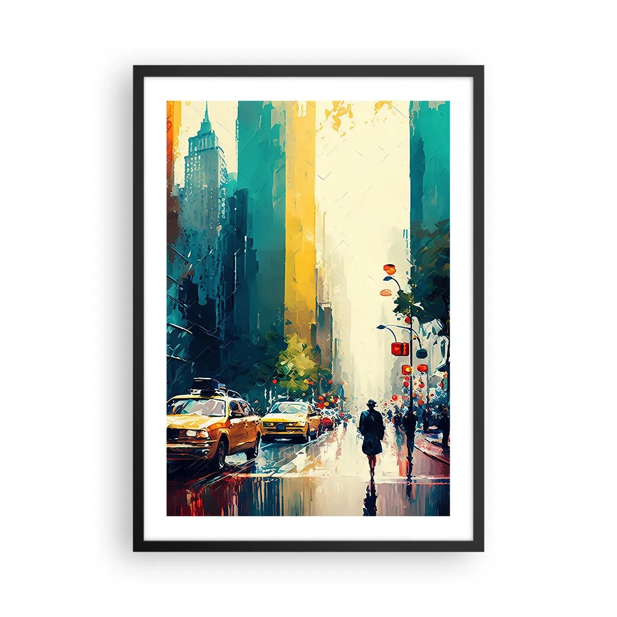 Poster în ramă neagră - O stradă colorată a unui oraș mare cu taxiuri galbene - 50x70cm - New York - aici și ploaia este colorată - Decorațiune modernă pentru perete pentru living și dormitor ARTTOR