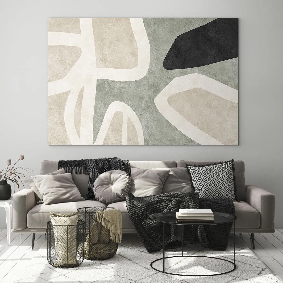 Tablou pe sticlă - Forme abstracte în bej și verde cu o notă de negru - 70x50cm - Compoziție cu motiv negru - Decorațiune modernă pentru perete pentru living și dormitor ARTTOR