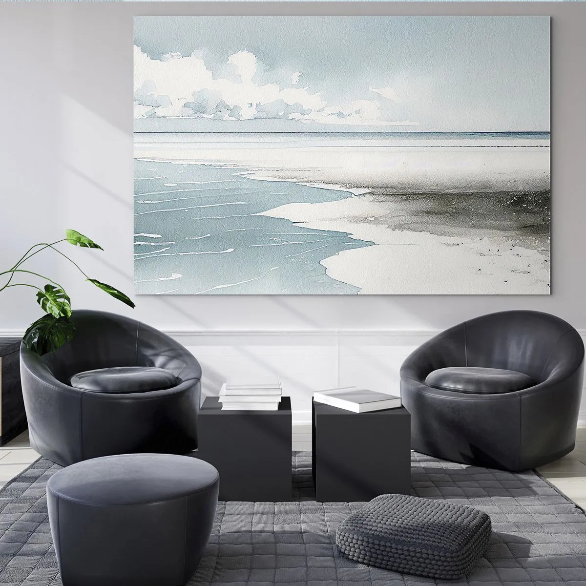 Tablou pe sticlă - Un peisaj marin liniștit în stil acuarelă în nuanțe de albastru. - 70x50cm - Mareea blândă - Decorațiune modernă pentru perete pentru living și dormitor ARTTOR