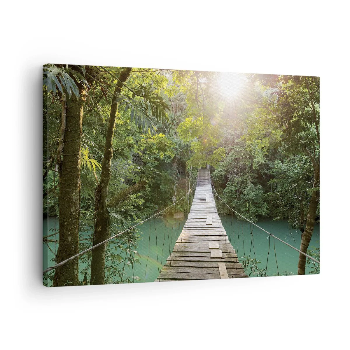 Tablou pe pânză Canvas - Un pod suspendat într-o pădure tropicală iluminat de lumina soarelui. - 70x50cm - Peste apa de azur spre pădurea de azur - Decorațiune modernă pentru perete pentru living și dormitor ARTTOR