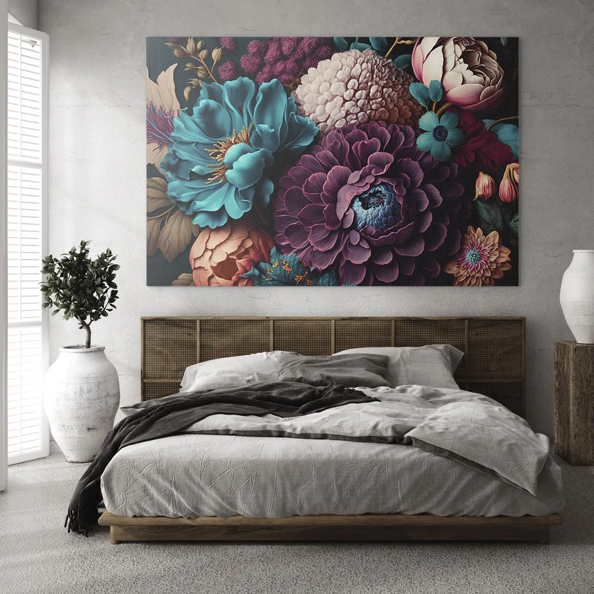 Tablou pe sticlă - O compoziție bogată de flori în culori intense - 70x50cm - Natura în abundență - Decorațiune modernă pentru perete pentru living și dormitor ARTTOR