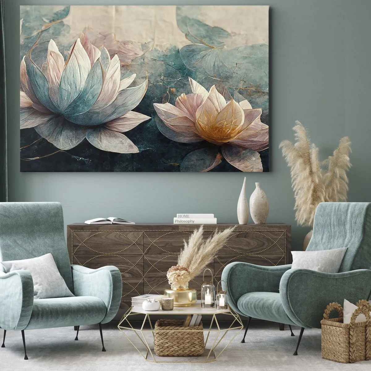 Tablou pe pânză Canvas - Nuferi subtili în nuanțe pastelate de albastru și auriu - 70x50cm - Stele de lac - Decorațiune modernă pentru perete pentru living și dormitor ARTTOR