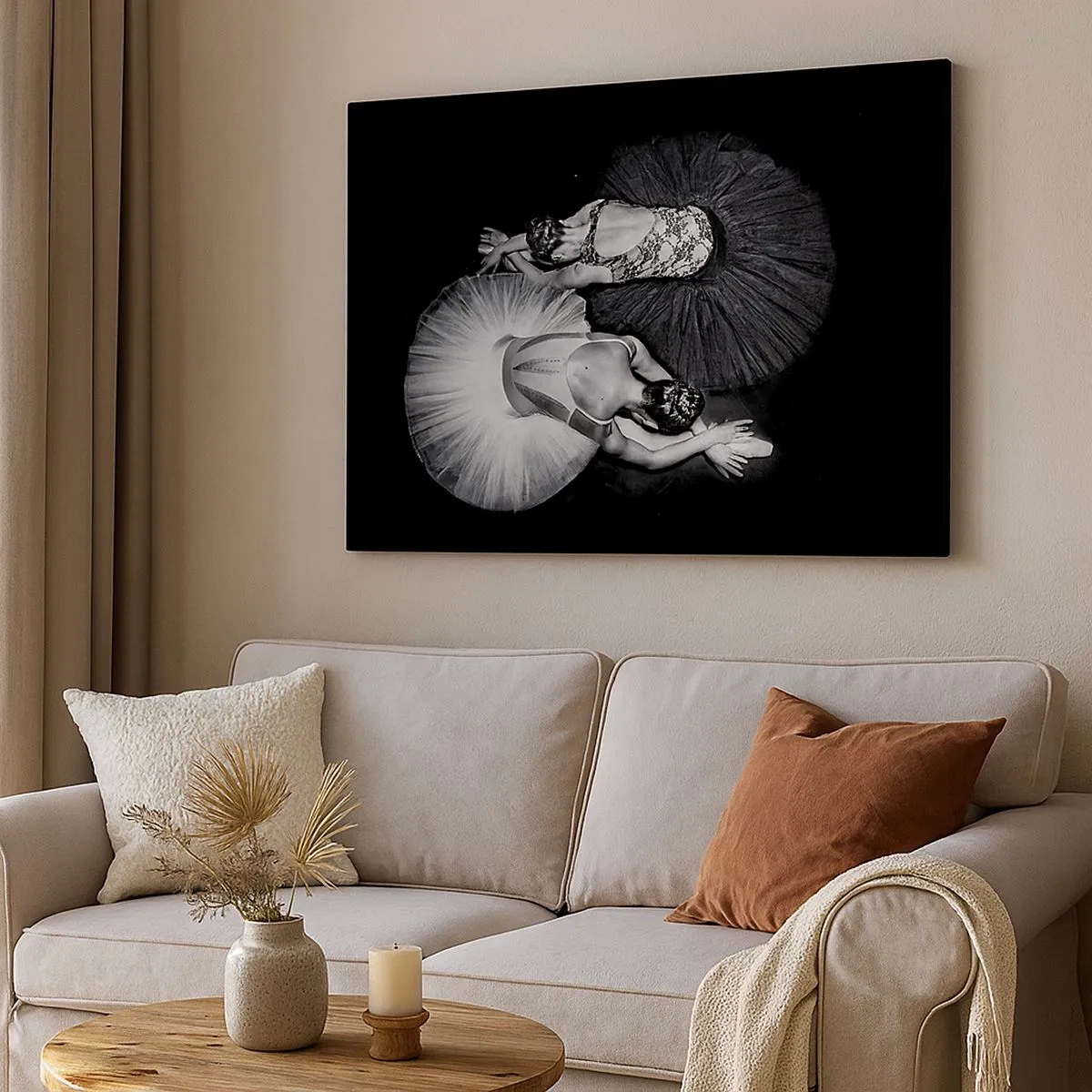Tablou pe pânză Canvas - O imagine alb-negru a două balerine într-o poză dinamică. - 70x50cm - Yin și yang - echilibrul perfect - Decorațiune modernă pentru perete pentru living și dormitor ARTTOR