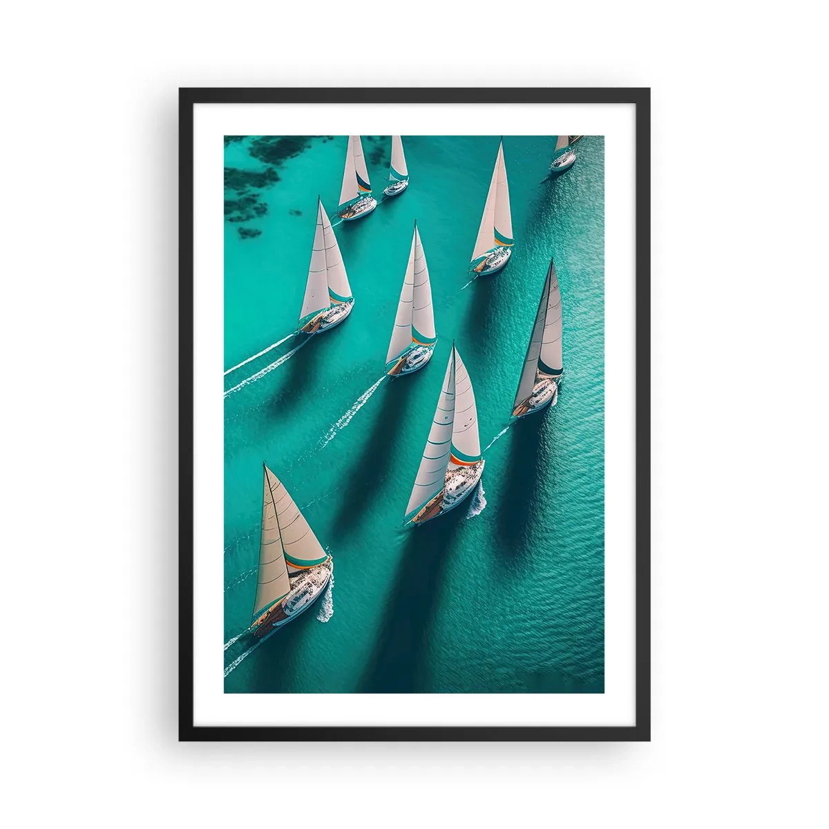 Poster în ramă neagră - Regata de vele pe ape turcoaz - 50x70cm - Cursa cu vântul - Decorațiune modernă pentru perete pentru living și dormitor ARTTOR