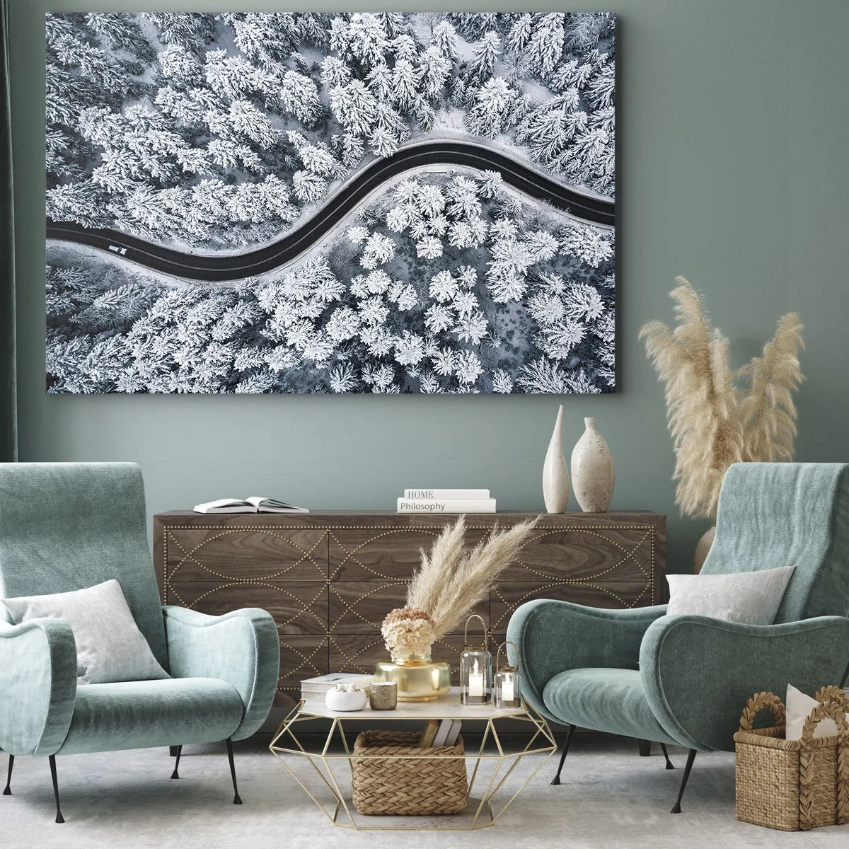 Tablou pe pânză Canvas - O vedere de sus a unui drum șerpuitor într-o pădure de iarnă - 70x50cm - Prin pădurea de iarnă - Decorațiune modernă pentru perete pentru living și dormitor ARTTOR