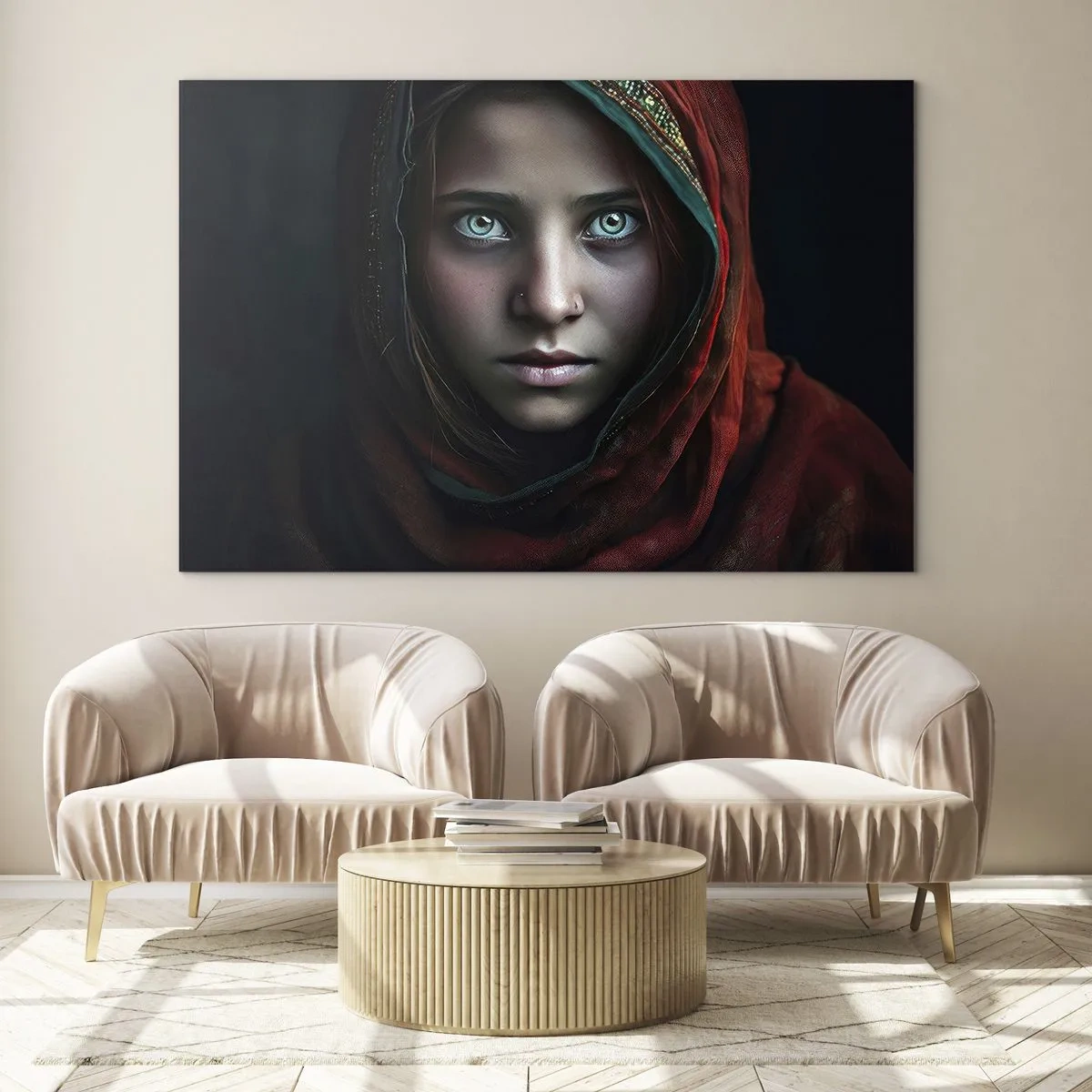 Tablou pe sticlă - Portretul unei femei într-o eșarfă roșie pe un fundal întunecat - 70x50cm - Prințesa orientală - Decorațiune modernă pentru perete pentru living și dormitor ARTTOR