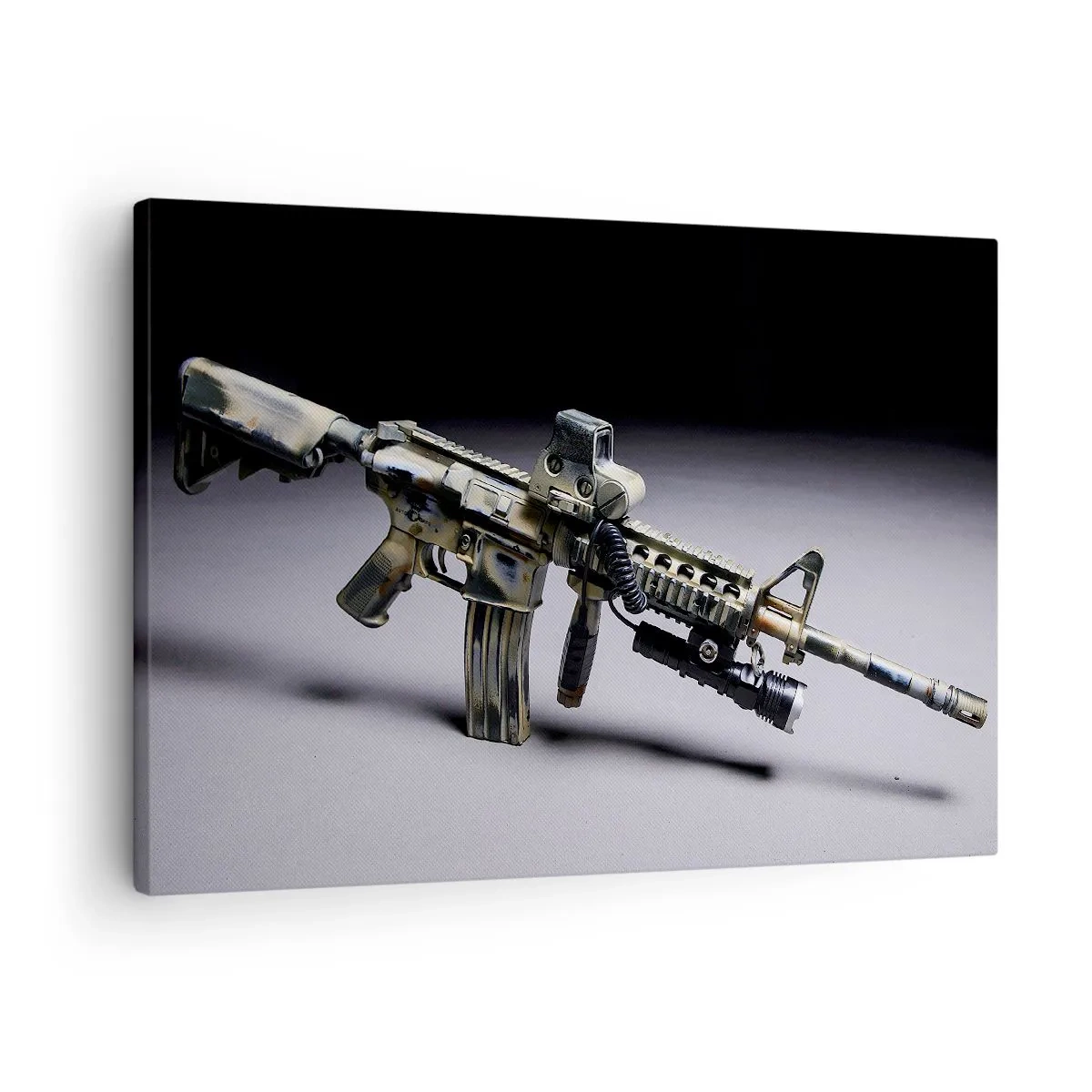Tablou pe pânză Canvas - Armă modernă în culori de camuflaj pe fundal închis - 70x50cm - Întotdeauna amenințătoare - Decorațiune modernă pentru perete pentru living și dormitor ARTTOR