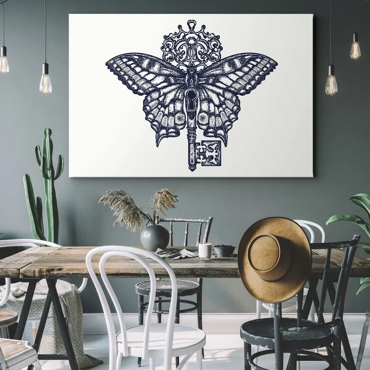 Tablou pe pânză Canvas - Grafică elegantă cu fluture și cheie într-un stil minimalist - 70x50cm - Toate secretele inimii - Decorațiune modernă pentru perete pentru living și dormitor ARTTOR