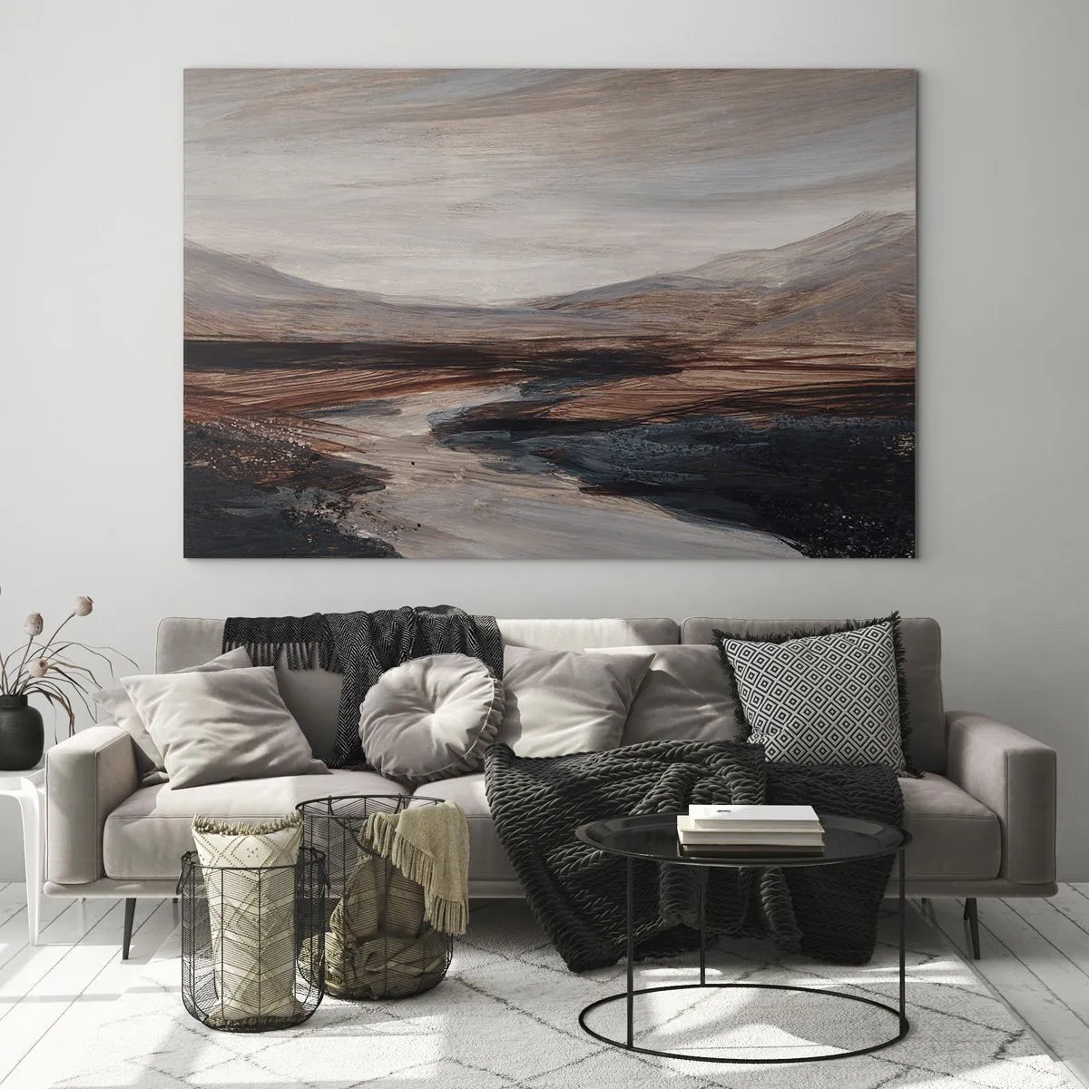 Tablou pe sticlă - O vale pitorească cu un râu în nuanțe de maro și albastru - 70x50cm - Valea liniștită - Decorațiune modernă pentru perete pentru living și dormitor ARTTOR