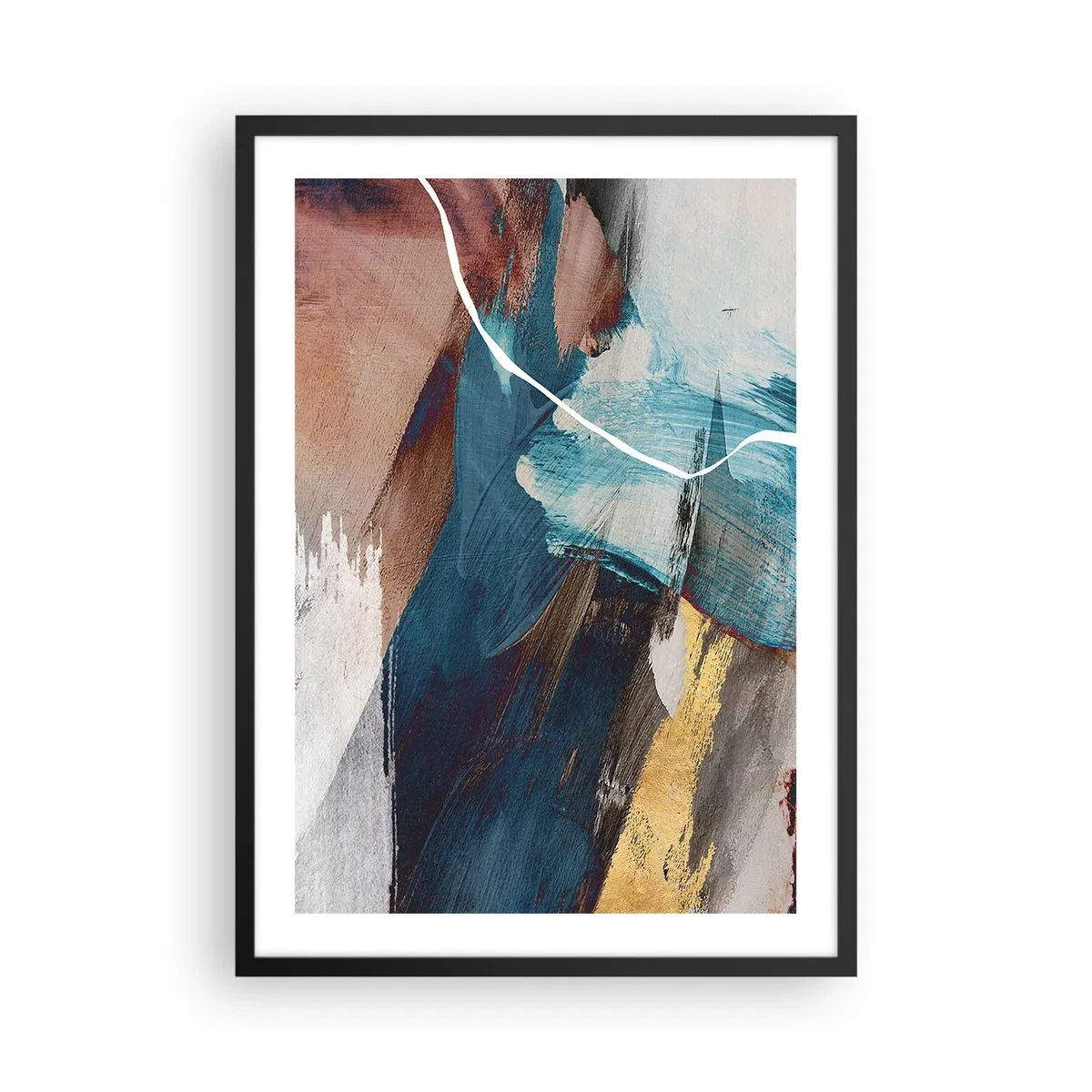 Poster în ramă neagră - Abstracție expresivă în nuanțe de albastru și auriu - 50x70cm - Cu fler și energie - Decorațiune modernă pentru perete pentru living și dormitor ARTTOR