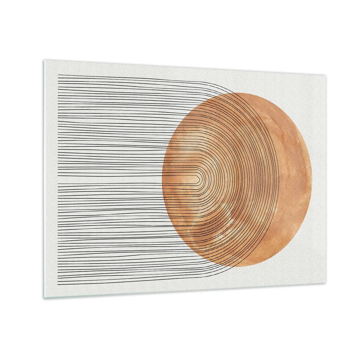 Tablou pe sticlă - Formă geometrică cu linii concentrice și un cerc auriu - 70x50cm - Compoziția solară - Decorațiune modernă pentru perete pentru living și dormitor ARTTOR