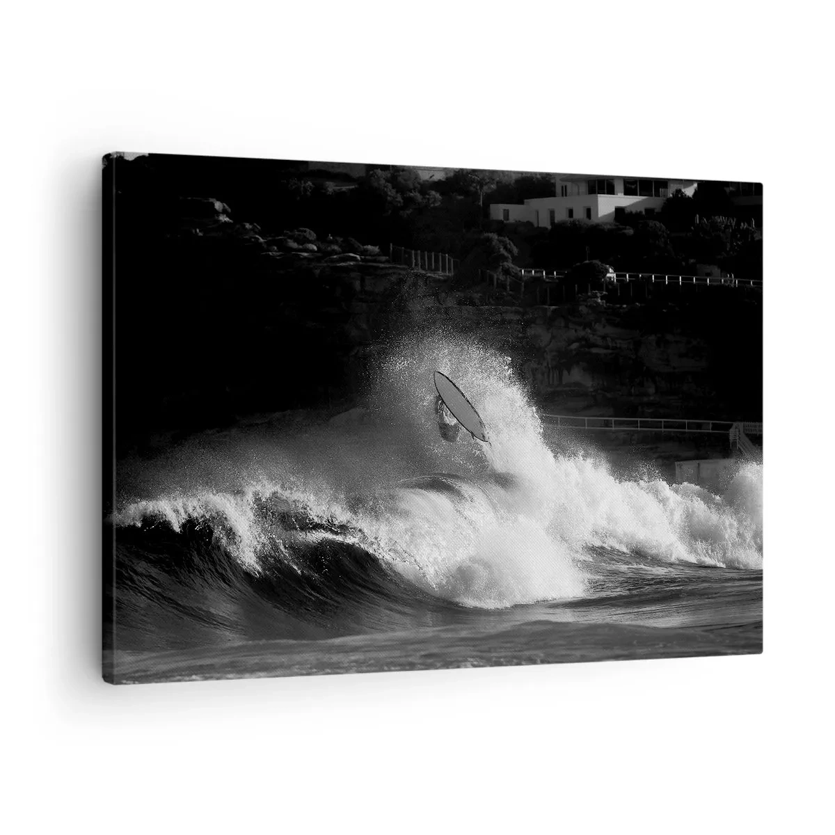 Tablou pe pânză Canvas - Un surfer călărind un val în monocrom - 70x50cm - Provocare acceptată! - Decorațiune modernă pentru perete pentru living și dormitor ARTTOR