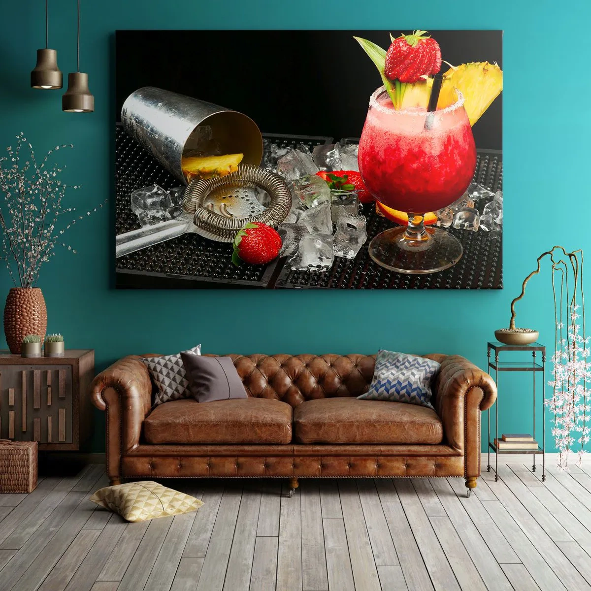 Tablou pe pânză Canvas - Un cocktail colorat cu căpșuni, gheață și ananas - 70x50cm - Evocați gustul - Decorațiune modernă pentru perete pentru living și dormitor ARTTOR