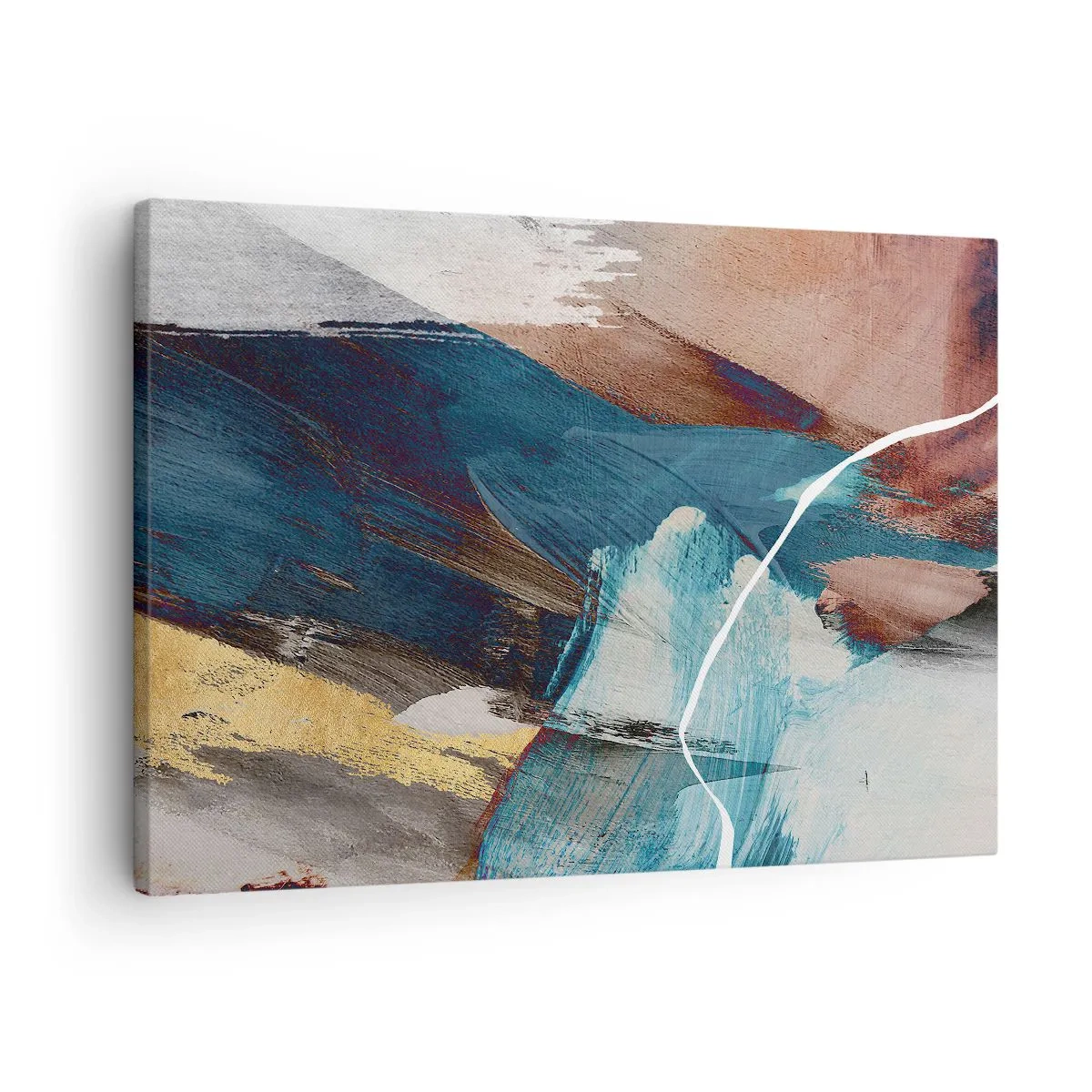 Tablou pe pânză Canvas - Pensule abstracte în nuanțe de albastru și auriu - 70x50cm - Cu fler și energie - Decorațiune modernă pentru perete pentru living și dormitor ARTTOR