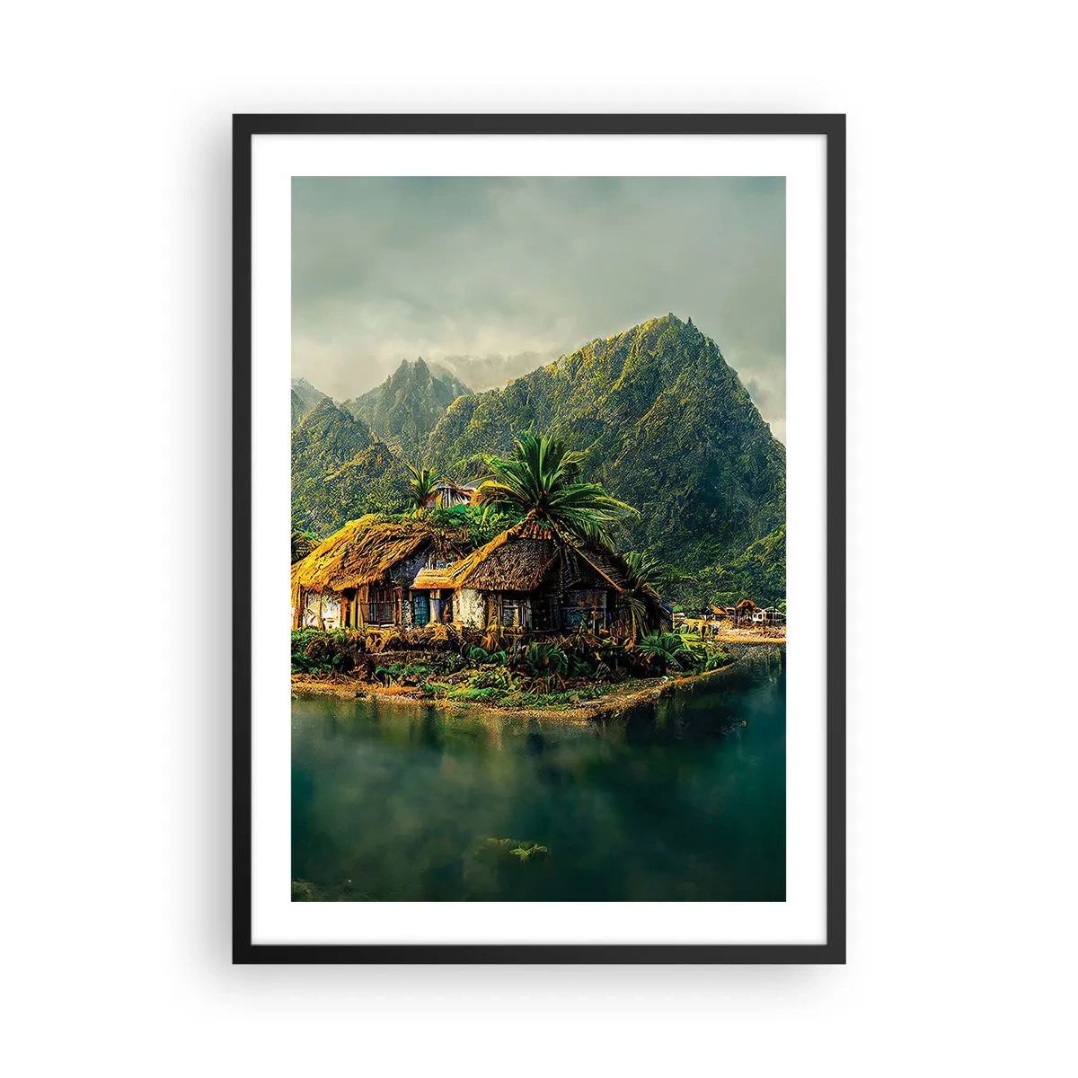 Poster în ramă neagră - Căsuță tropicală cu munți și un lac în fundal - 50x70cm - Paradisul tropical - Decorațiune modernă pentru perete pentru living și dormitor ARTTOR