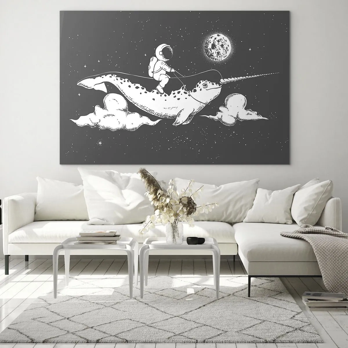 Tablou pe sticlă - Astronautul călare pe un narval într-un decor spațial - 70x50cm - Cavalerul Spațial - Decorațiune modernă pentru perete pentru living și dormitor ARTTOR