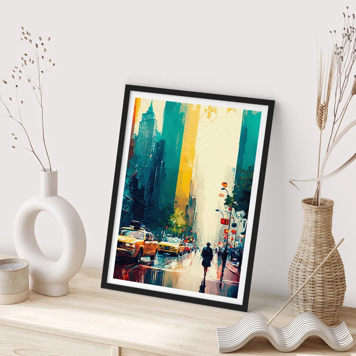 Poster în ramă neagră - O stradă colorată a unui oraș mare cu taxiuri galbene - 50x70cm - New York - aici și ploaia este colorată - Decorațiune modernă pentru perete pentru living și dormitor ARTTOR